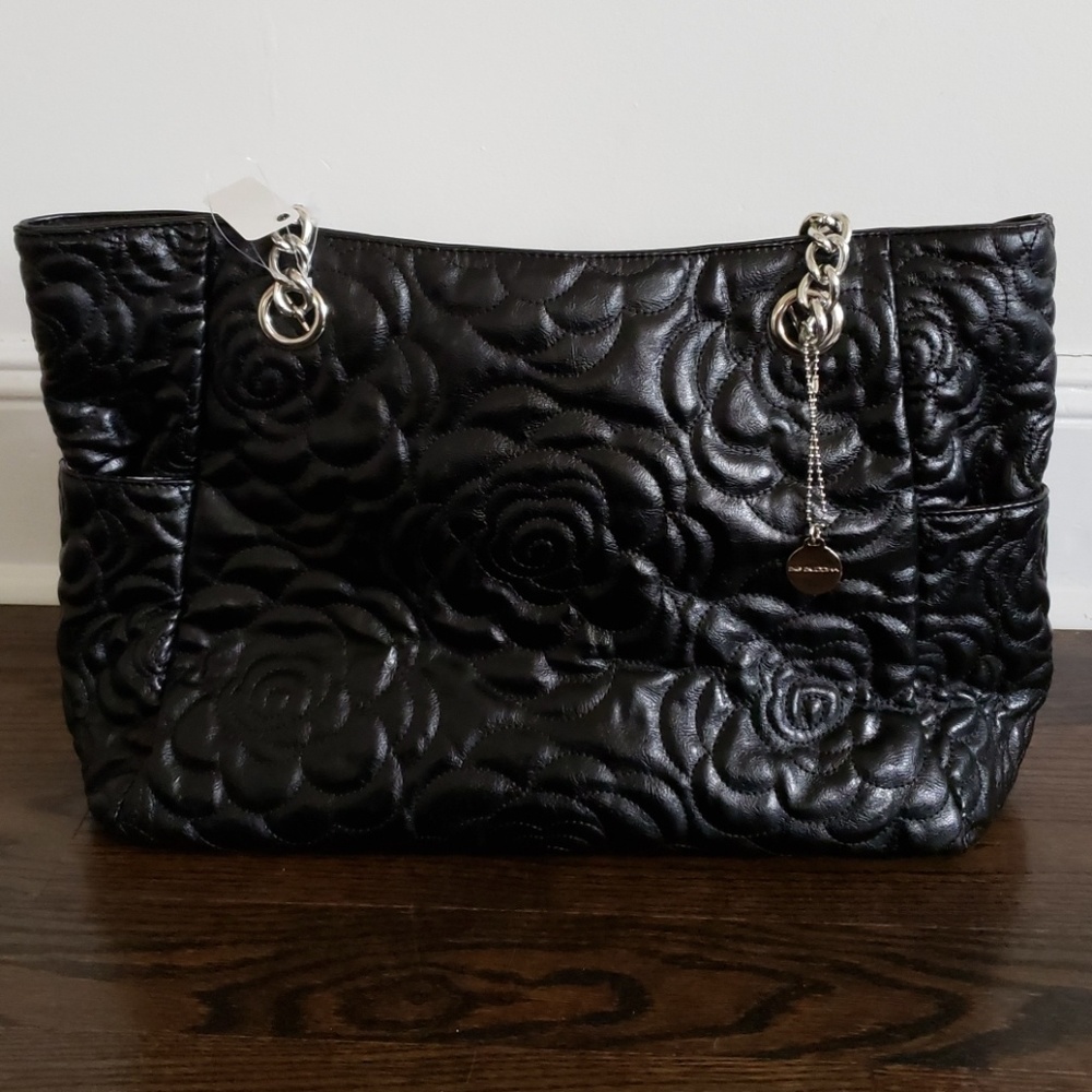 BIG BUDDHA BLACK VEGAN LEATHER QUILTED TOTE CHAIN